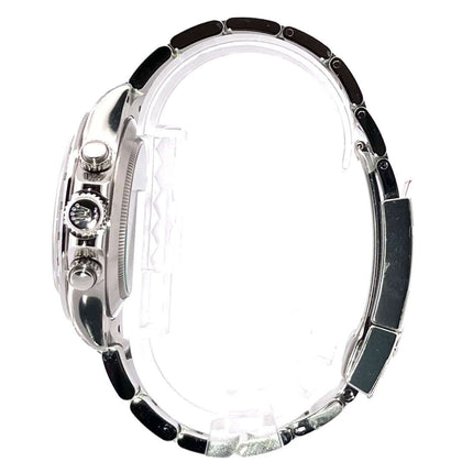 Rolex Daytona Edelstahl 116520 Weiß, Seitenansicht des polierten und satinierten Edelstahlgehäuses mit Tachymeter-Lünette und Oyster-Armband