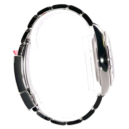 Rolex Daytona Edelstahl 116520 Weiß, Seitenansicht des Edelstahlgehäuses und des Oyster-Armbands mit Sicherheitsfaltschließe.