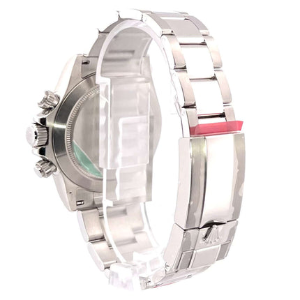 Rückansicht der Rolex Daytona Edelstahl 116520 aus 2015 mit poliertem und satiniertem Edelstahlgehäuse und -armband.