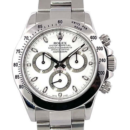 Rolex Daytona Edelstahl 116520 Weiß mit poliertem und satiniertem Gehäuse und Armband, weißes Zifferblatt, Tachymeterskala, Leuchtindizes und Leuchtzeiger.