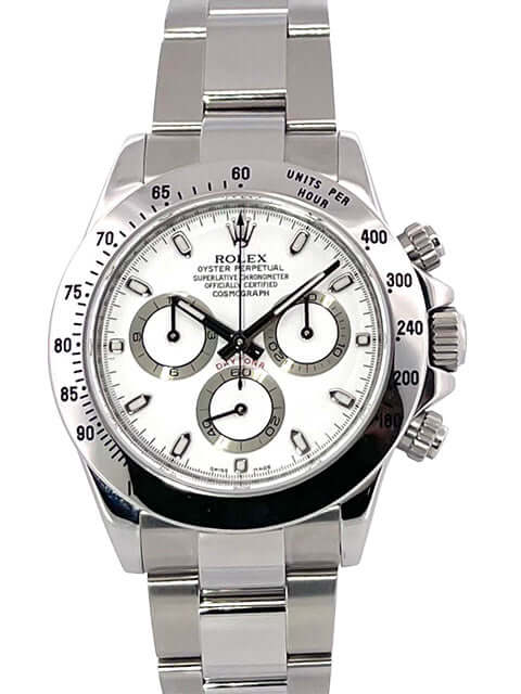 Rolex Daytona Edelstahl 116520 Weiß mit poliertem und satiniertem Gehäuse und Armband, weißes Zifferblatt, Tachymeterskala, Leuchtindizes und Leuchtzeiger.
