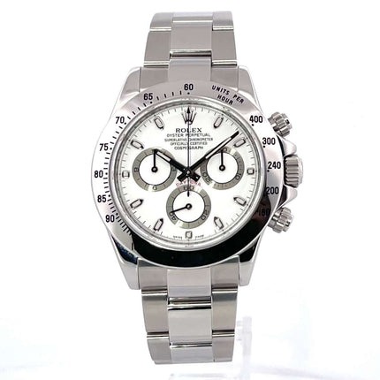 Rolex Daytona Edelstahl 116520 weißes Zifferblatt, poliertes und satiniertes Edelstahlgehäuse, Tachymeterskala, Oyster Armband, Krone verschraubt.