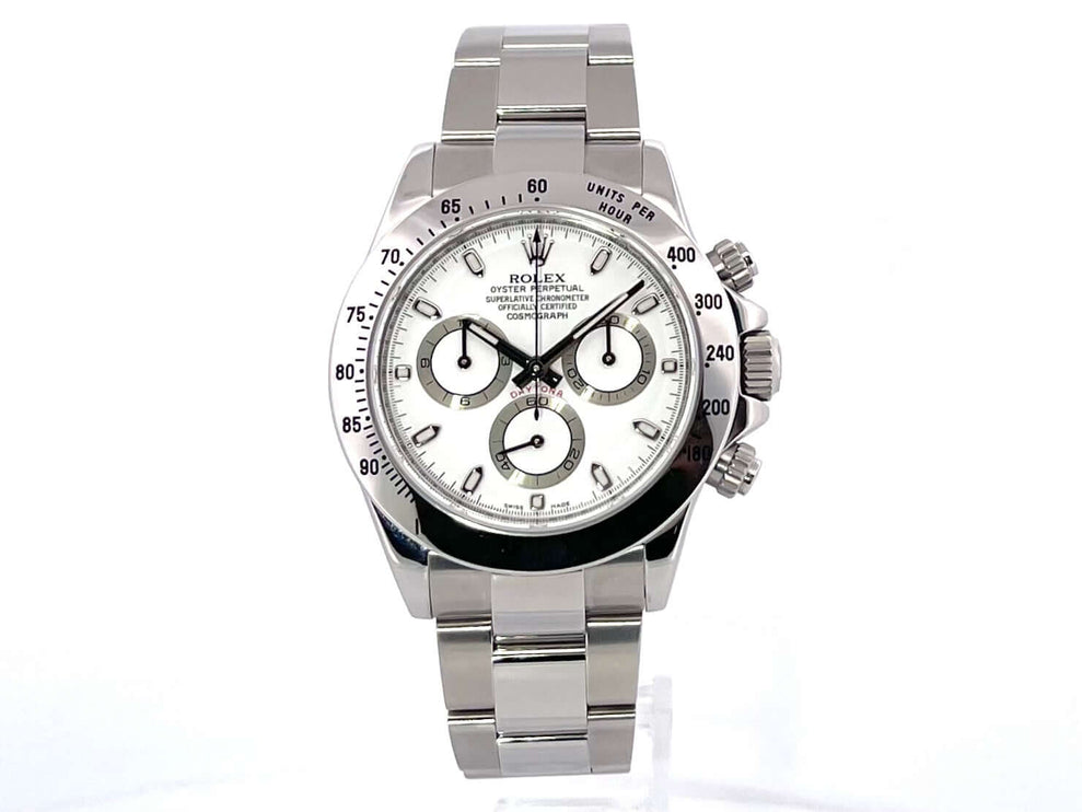 Rolex Daytona Edelstahl 116520 weißes Zifferblatt, poliertes und satiniertes Edelstahlgehäuse, Tachymeterskala, Oyster Armband, Krone verschraubt.