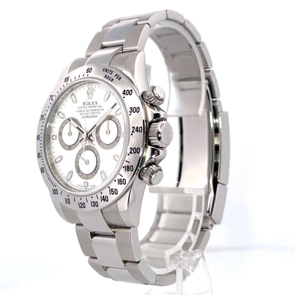 Rolex Daytona Edelstahl 116520 weißes Zifferblatt, poliertes und satiniertes Gehäuse, Tachymeterskala, Oyster Armband
