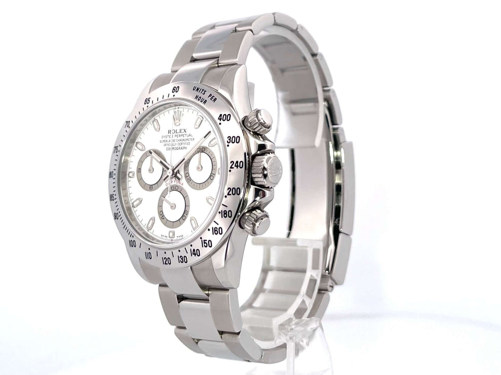 Rolex Daytona Edelstahl 116520 weißes Zifferblatt, poliertes und satiniertes Gehäuse, Tachymeterskala, Oyster Armband