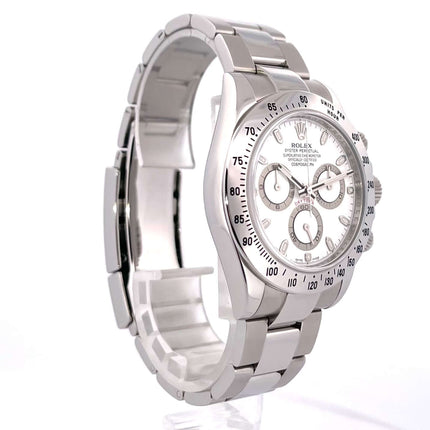 Rolex Daytona Edelstahl 116520 Weiß mit Oyster Edelstahl Armband und polierter Tachymeterskala, weißes Zifferblatt und Saphirglas.