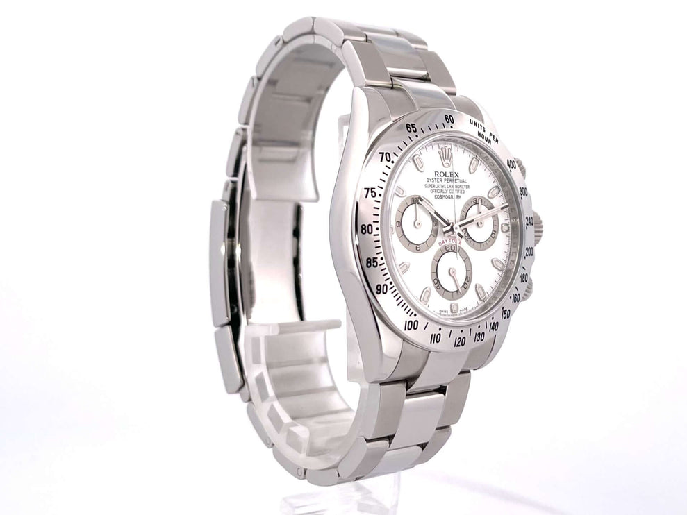 Rolex Daytona Edelstahl 116520 Weiß mit Oyster Edelstahl Armband und polierter Tachymeterskala, weißes Zifferblatt und Saphirglas.