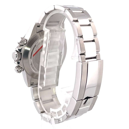 Rückansicht der Rolex Daytona Edelstahl 116520 Weiß mit poliertem und satiniertem Oyster Edelstahl Armband und Sicherheitsfaltschließe.