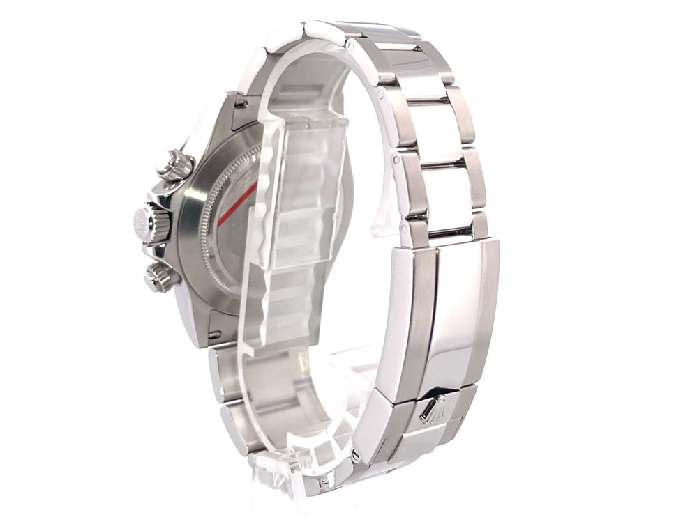 Rückansicht der Rolex Daytona Edelstahl 116520 Weiß mit poliertem und satiniertem Oyster Edelstahl Armband und Sicherheitsfaltschließe.