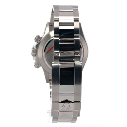 Rückansicht des Rolex Daytona Edelstahl 116520 Weiß mit poliertem und satiniertem Oyster Edelstahl Armband.