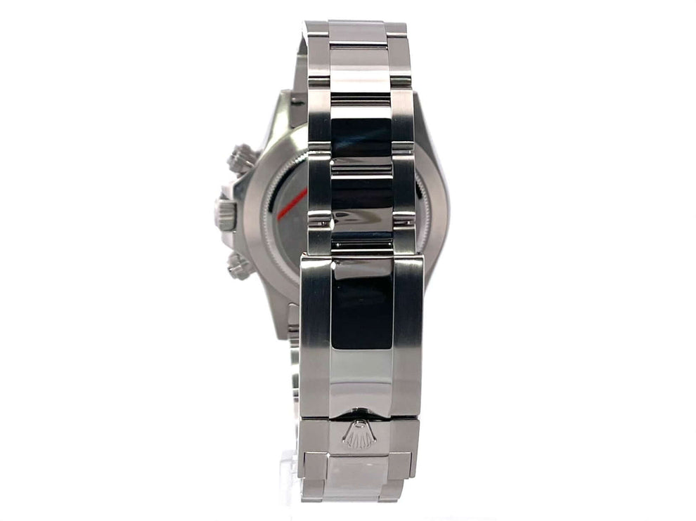 Rückansicht des Rolex Daytona Edelstahl 116520 Weiß mit poliertem und satiniertem Oyster Edelstahl Armband.