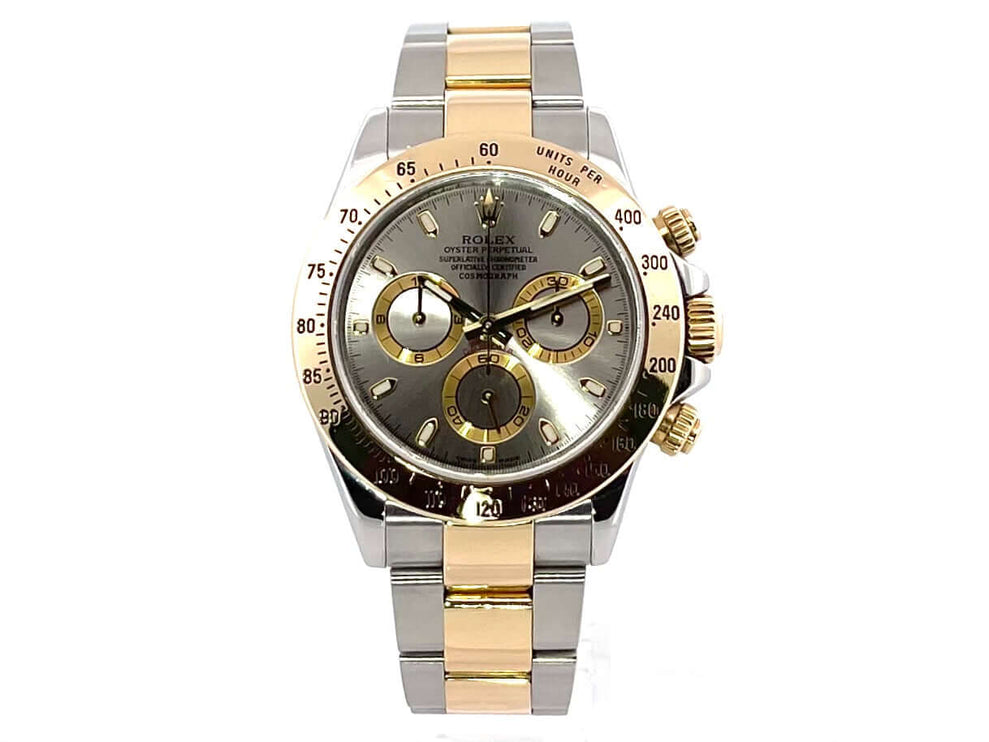 Rolex Daytona Cosmograph 116523, Stahlgrau Zifferblatt, Edelstahl und Gelbgold Gehäuse, Oyster Armband, 40 mm.
