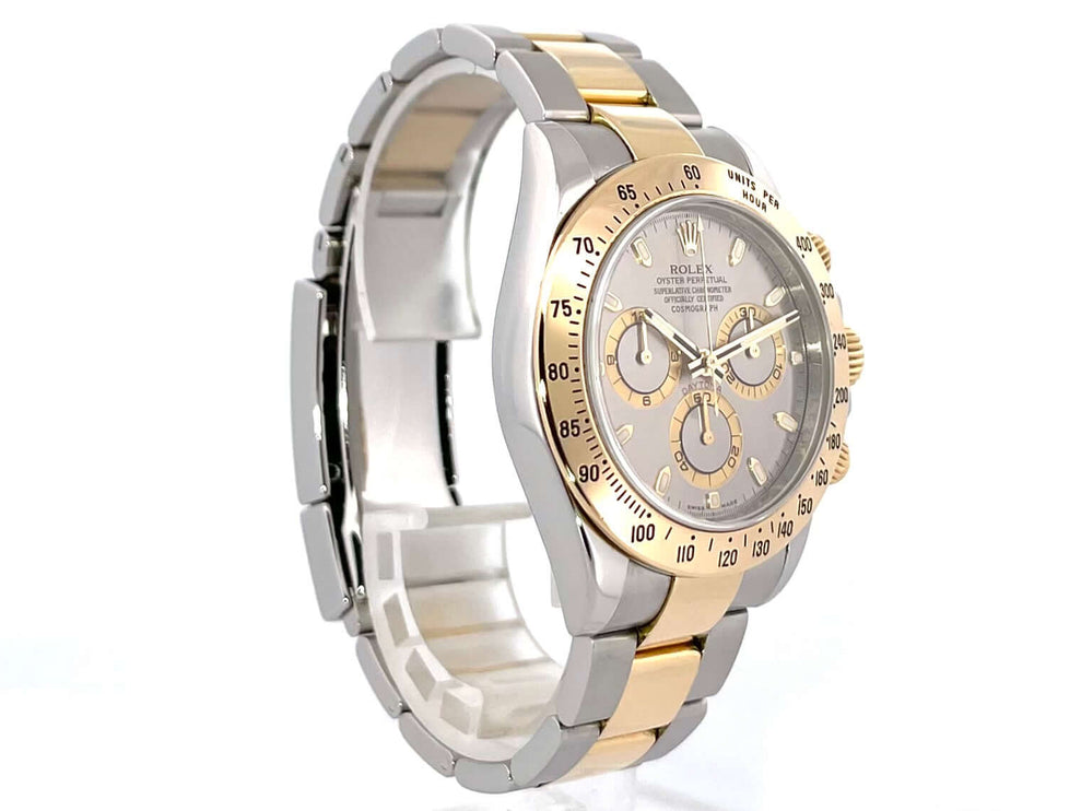 Rolex Daytona Cosmograph 116523 Edelstahl Gelbgold, Tachymeter Lünette, Stahlgraues Zifferblatt, Leuchtzeiger, 40 mm, Oyster Armband.