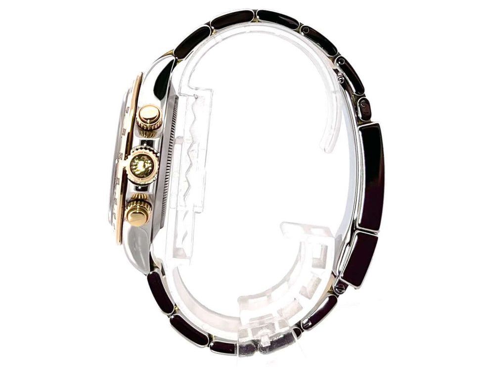 Rolex Daytona Cosmograph 116523 Stahlgrau, Seitenansicht, Edelstahl und 18 kt Gelbgold Armband mit Tachymeterskala Lünette und Sicherheitsfaltschließe