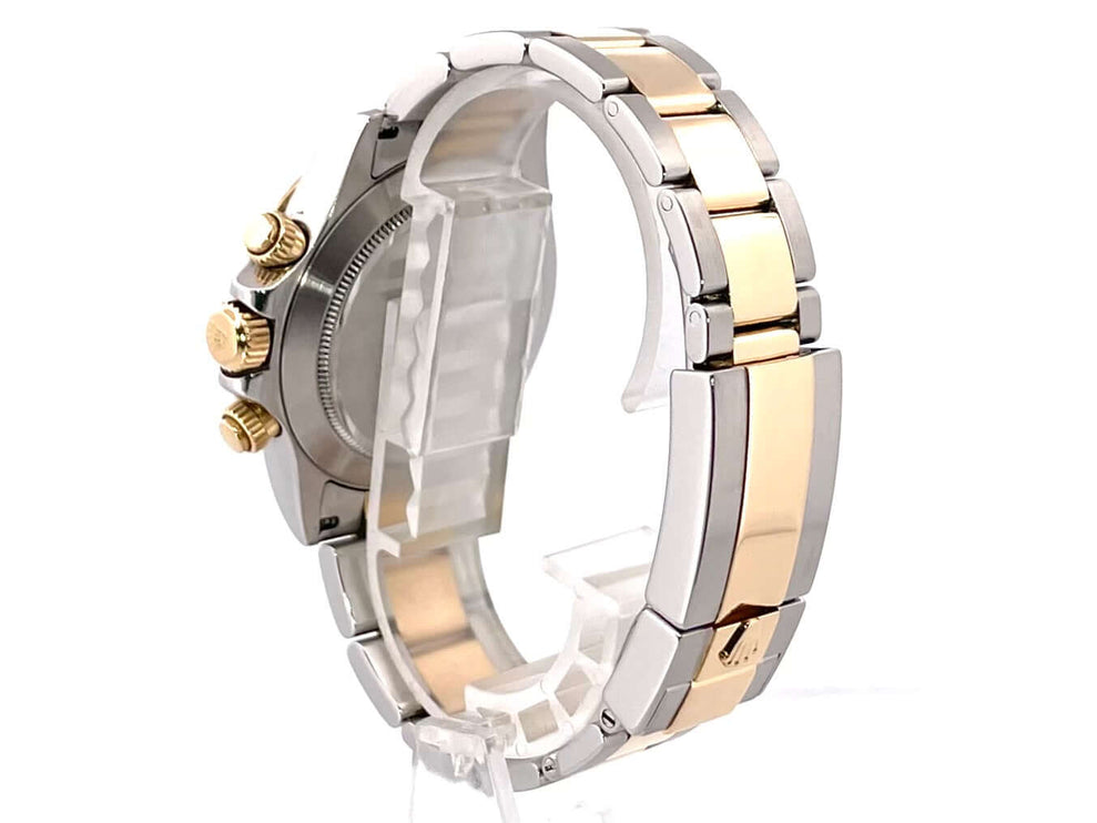 Rückansicht der Rolex Daytona Cosmograph 116523 in Edelstahl und Gelbgold mit poliertem Gehäuse und Armband.