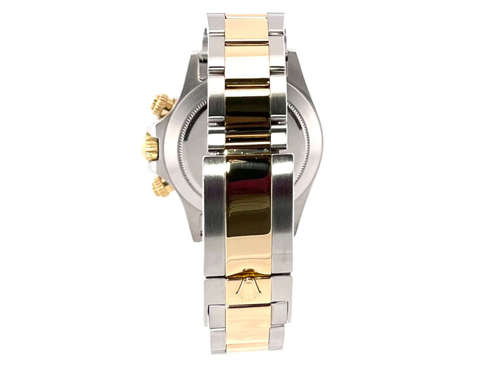 Rückansicht der Rolex Daytona Cosmograph 116523 mit Edelstahl- und Gelbgold-Armband und polierter Schließe.