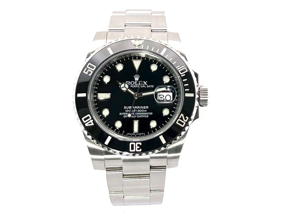 Rolex Submariner Date 116610LN Edelstahl Uhr mit schwarzer Keramik Lünette und Oyster Edelstahlarmband, schwarzes Zifferblatt, 40 mm Gehäuse.