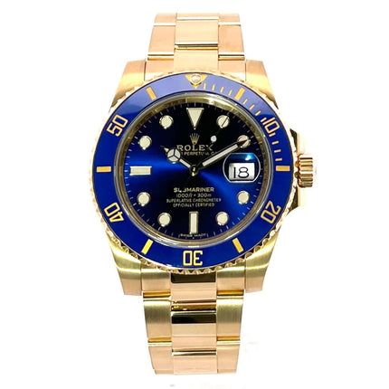 Rolex Submariner Date Gelbgold 116618LB aus 18 kt Gelbgold mit blauem Zifferblatt und Keramiklünette, 40mm Gehäusedurchmesser.