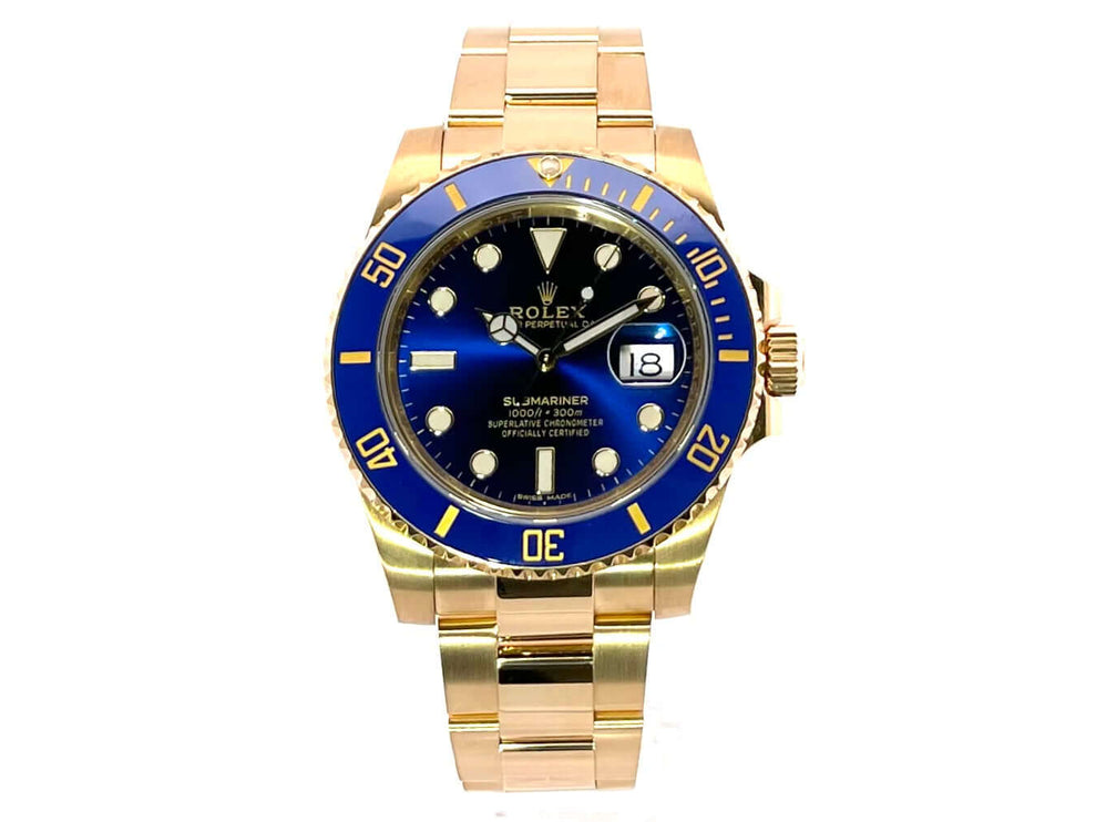 Rolex Submariner Date Gelbgold 116618LB aus 18 kt Gelbgold mit blauem Zifferblatt und Keramiklünette, 40mm Gehäusedurchmesser.