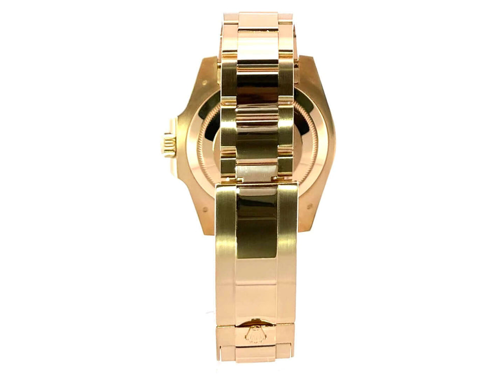 Rückansicht der Rolex Submariner Date Gelbgold 116618LB mit poliertem 18 kt Gelbgold Oyster-Armband und Sicherheitsfaltschließe
