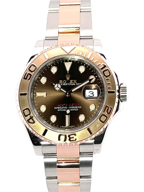 Rolex Yacht-Master 40 Edelstahl und Everose-Gold Armbanduhr mit braunem Zifferblatt und drehbarer Lünette.
