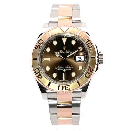 Rolex Yacht-Master 40 116621 Choco, Edelstahl und 18 kt Everose-Gold Uhr mit braunem Zifferblatt und geriffelter Lünette.