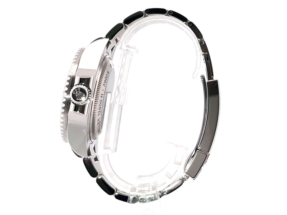 Rolex Sea-Dweller Deepsea 116660 aus Edelstahl seitlich mit poliertem Gehäuse und Oyster Armband, schwarze Keramiklünette