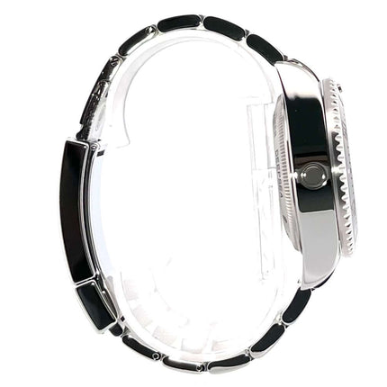 Seitenansicht der Rolex Sea-Dweller Deepsea 116660 aus Edelstahl mit schwarzem Keramikring und Oyster Armband