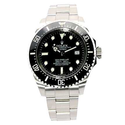 Rolex Sea-Dweller Deepsea 116660 aus Edelstahl mit schwarzer Lünette und Zifferblatt, 44 mm Gehäuse, Oyster Armband, Leuchtindizes und Leuchtzeiger