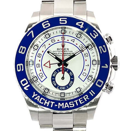 Rolex Yacht-Master II 116680, Edelstahl, blau-weiße Lünette, weißes Zifferblatt, Oysterband, poliert und satiniert, Luxus-Armbanduhr.