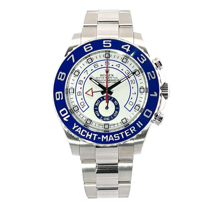 Rolex Yacht-Master II 116680 Edelstahl mit blauer Keramiklünette und Edelstahl-Oysterband, weißes Zifferblatt mit Leuchtindizes und Leuchtzeiger.