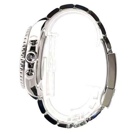 Rolex Yacht-Master II 116680 Edelstahl Seitenansicht, poliertes und satiniertes Edelstahlgehäuse mit blauer Keramiklünette und Oyster Armband.