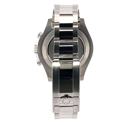 Rückseite des Rolex Yacht-Master II 116680 mit poliertem und satiniertem Edelstahl-Oysterband und Faltschließe, Gehäusedurchmesser 44 mm.