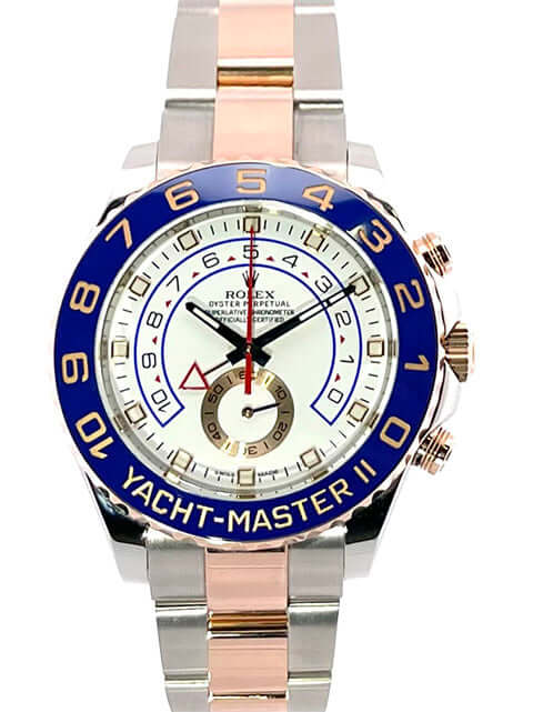 Rolex Yacht-Master II Ref. 116681 Uhr aus Edelstahl und Everose-Gold mit blauem Keramikring und weißem Zifferblatt, 44 mm Gehäusedurchmesser