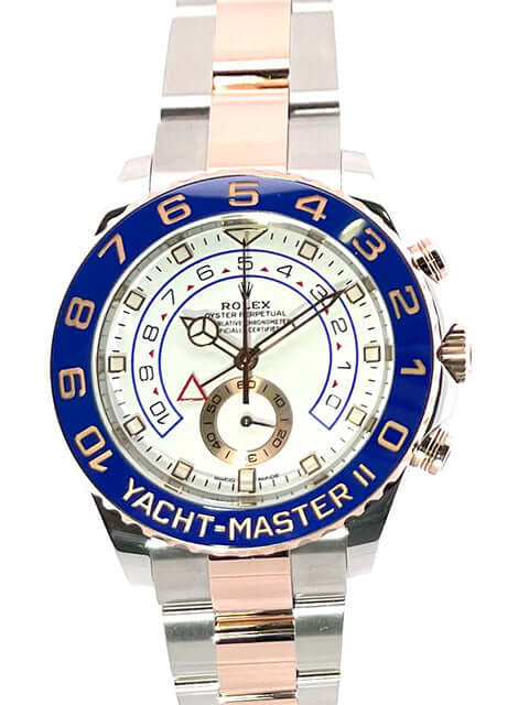 Rolex Yacht-Master II 116681 Edelstahl Everose-Gold mit blauem Keramikring und weißem Zifferblatt. Armband aus Edelstahl und 18 kt Everose-Gold.