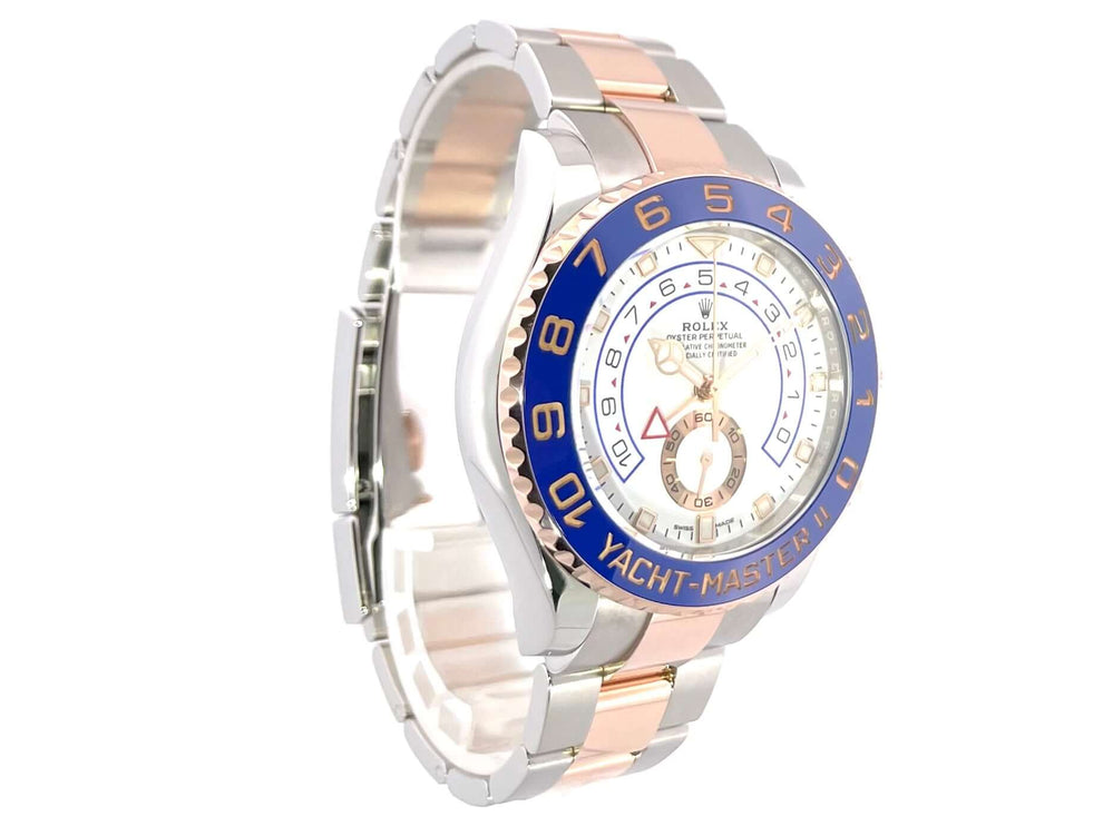 Rolex Yacht-Master II 116681 Edelstahl und Everose-Gold, 44mm Gehäuse, blaue Keramik-Lünette, Oyster Armband, weißes Zifferblatt.