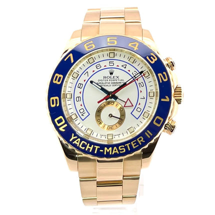 Rolex Yacht-Master II Gelbgold 116688, 44mm Gehäusedurchmesser, blaue Keramik Lünette, weißes Zifferblatt, 18 kt Gelbgold Gehäuse und Armband.