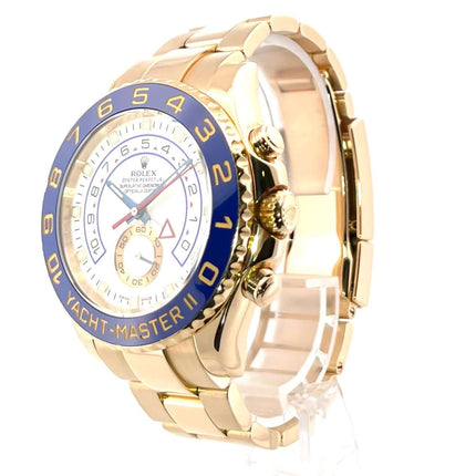 Rolex Yacht-Master II Gelbgold 116688 aus 2016, 44 mm 18 kt Gelbgold Gehäuse und Armband, weiße Zifferblatt und blaue Keramik Lünette.