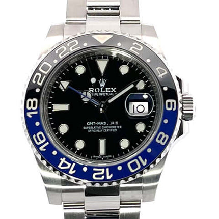 Rolex GMT Master II Edelstahl 116710BLNR, schwarz/blau Keramik Lünette, schwarzes Zifferblatt, Edelstahlband, 24 Stunden Skala, aus 2018.