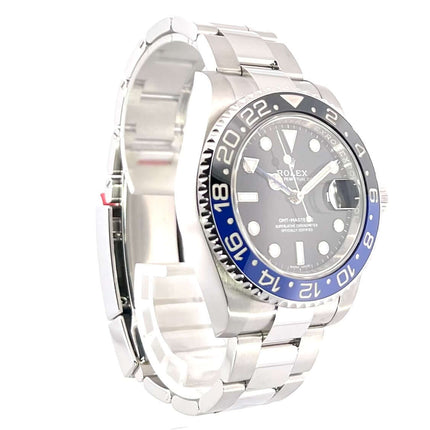 Rolex GMT Master II Edelstahl 116710BLNR mit schwarz-blauer Keramik Lünette und poliertem Edelstahl-Oysterband, schwarzes Zifferblatt, 2018.