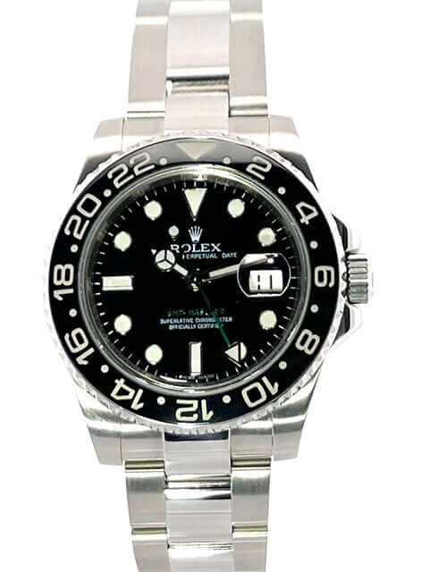 Rolex GMT-Master II Edelstahl 116710LN mit 40 mm Gehäusedurchmesser, schwarzes Zifferblatt und Keramik-Lünette, Edelstahlband, Automatikwerk