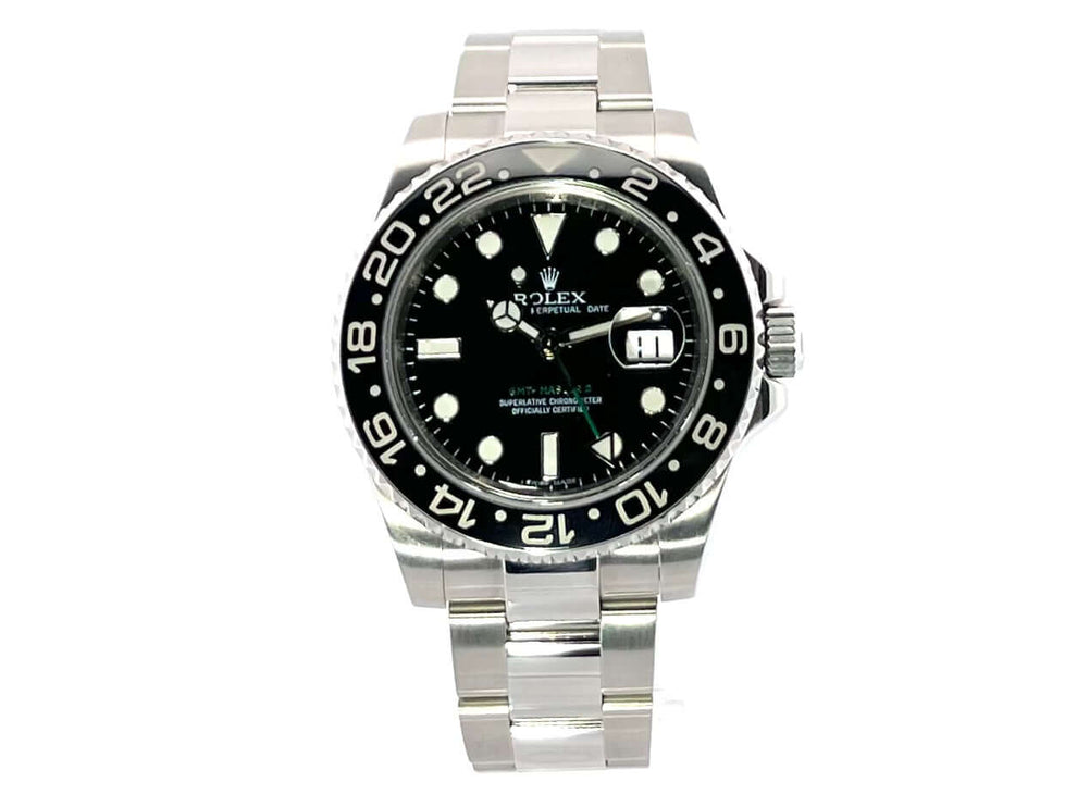 Rolex GMT-Master II Edelstahl 116710LN aus 2007, Edelstahlgehäuse, schwarze Keramiklünette, schwarzes Zifferblatt, Oyster Edelstahlband.