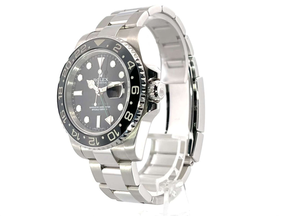 Rolex GMT-Master II Edelstahl 116710LN von 2007 mit poliertem und satiniertem Edelstahlgehäuse, schwarzer Keramiklünette und Oyster-Armband.
