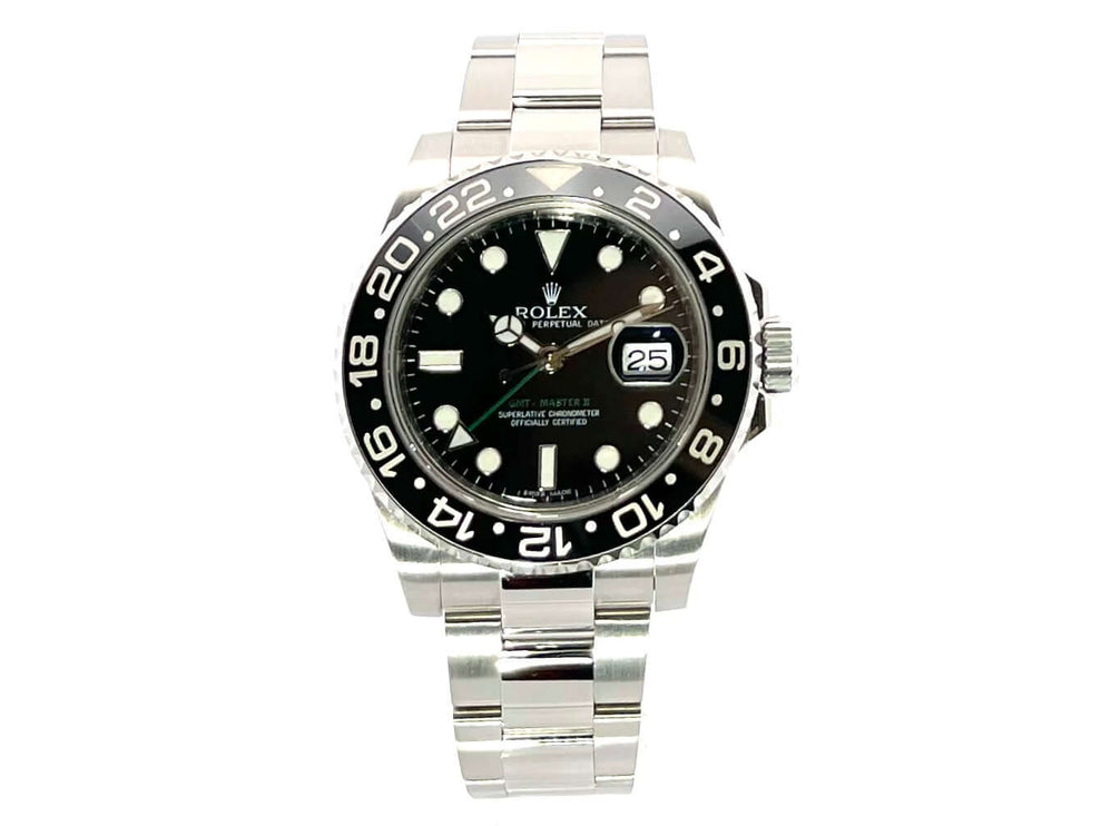 Rolex GMT-Master II Edelstahl 116710LN, poliertes und satiniertes Gehäuse 40 mm, schwarze Lünette, schwarzes Zifferblatt, Oyster-Band, 2012 Modell.