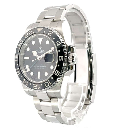 Rolex GMT-Master II Edelstahl 116710LN von 2012 mit schwarzem Zifferblatt und Oysterband.