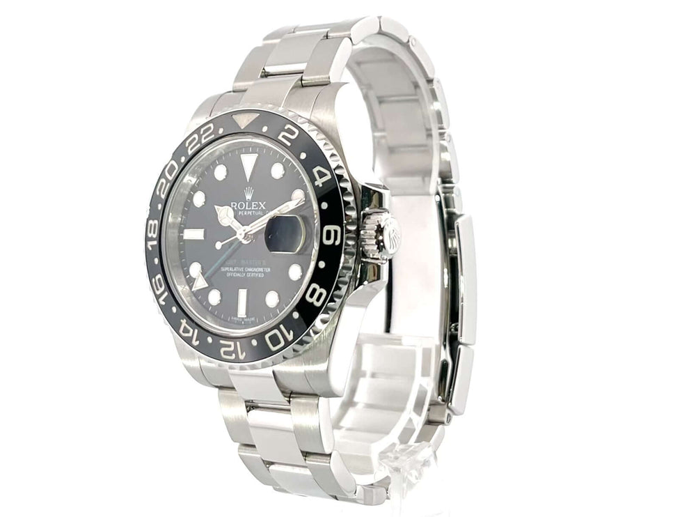 Rolex GMT-Master II Edelstahl 116710LN von 2012 mit schwarzem Zifferblatt und Oysterband.