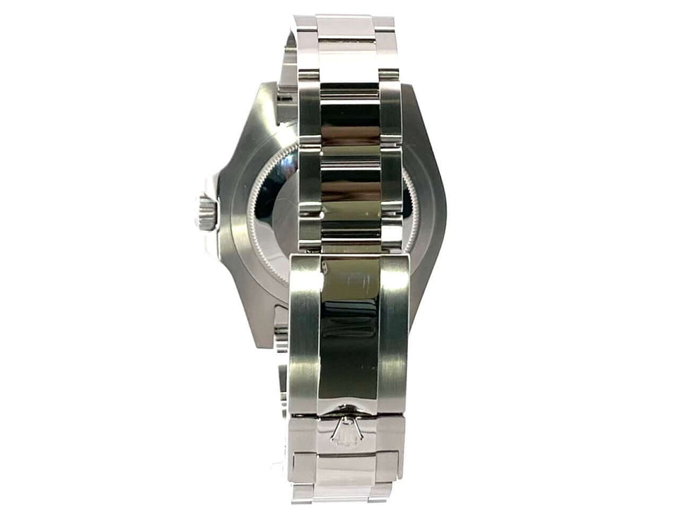 Rückansicht des Rolex GMT-Master II Edelstahl 116710LN mit poliertem und satiniertem Edelstahlband und Sicherheitsfaltschließe