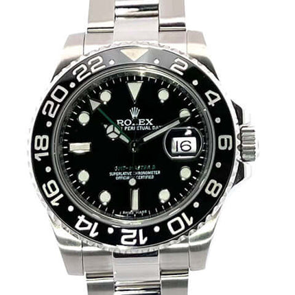 Rolex GMT-Master II Edelstahl 116710LN aus 2015 mit schwarzem Zifferblatt und Edelstahlband, 40 mm Gehäusedurchmesser, Keramik Lünette.