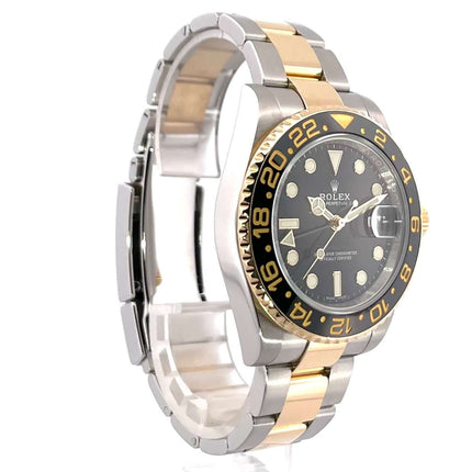 Rolex GMT-Master II 116713LN Uhr Edelstahl und Gelbgold, schwarzes Zifferblatt, 18 kt geriffelte Lünette, Oyster Armband, 40 mm Gehäusedurchmesser