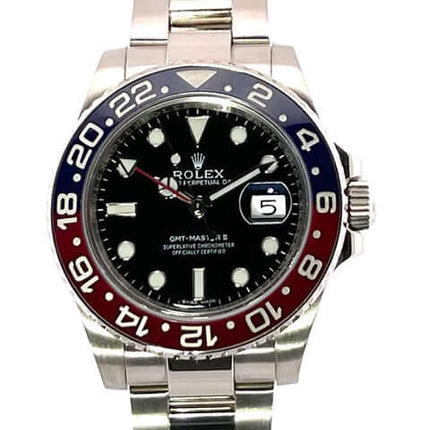 Rolex GMT-Master II Weißgold 116719BLRO, schwarz Zifferblatt, 18 kt Weißgold Armband, blau/rote Keramik Lünette, 40 mm Gehäuse